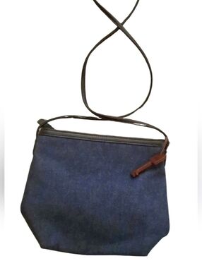 Fossil Denim Blue Crossbody Bag with Brown Leather Strap And Key Hangtag